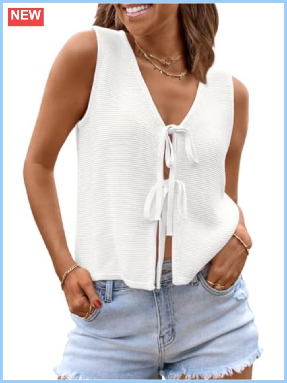 Tie Front Sleeveless Sweater Vest Knit Crochet Top